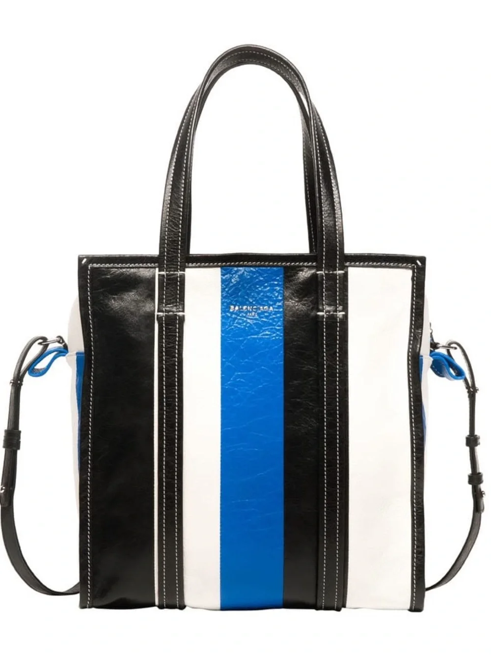 Balenciaga Black, White & Blue Vertical Stripe Leather Tote